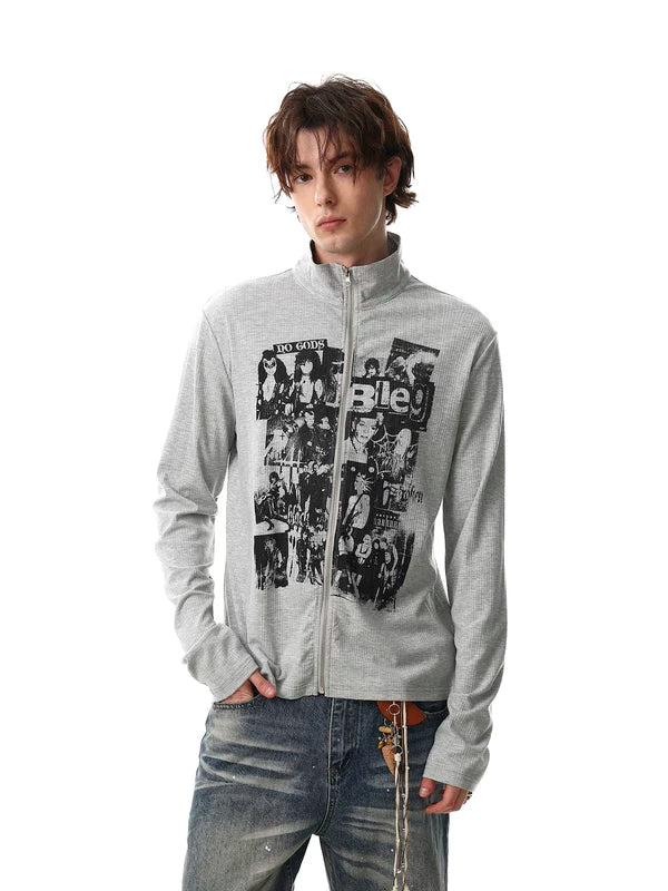 Retro Graphic Stand Collar Zip Pullover 3