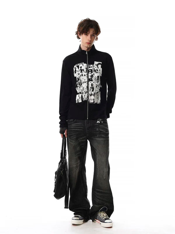 Retro Graphic Stand Collar Zip Pullover 4