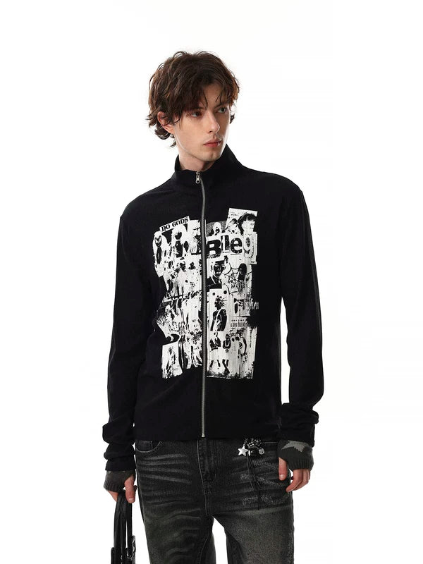 Retro Graphic Stand Collar Zip Pullover 5
