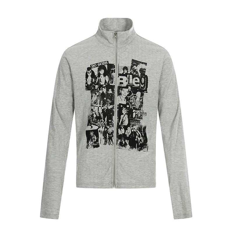 6191487703905,6191487703906,6191487703907,6191487703908, Retro Graphic Stand Collar Zip Pullover