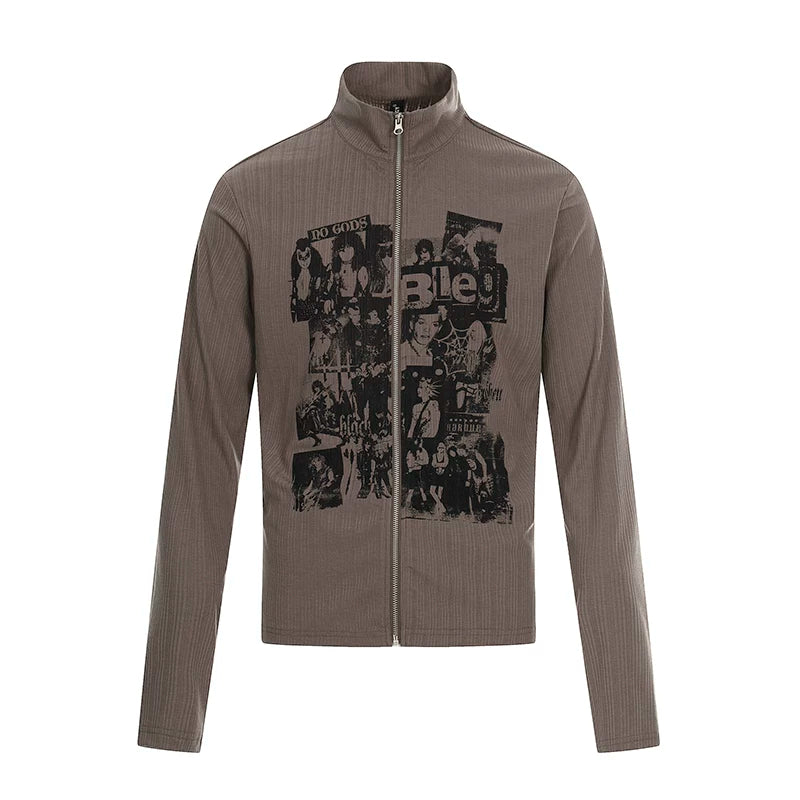 6191487703909,6191487703910,6191487703911,6191487703912, Retro Graphic Stand Collar Zip Pullover