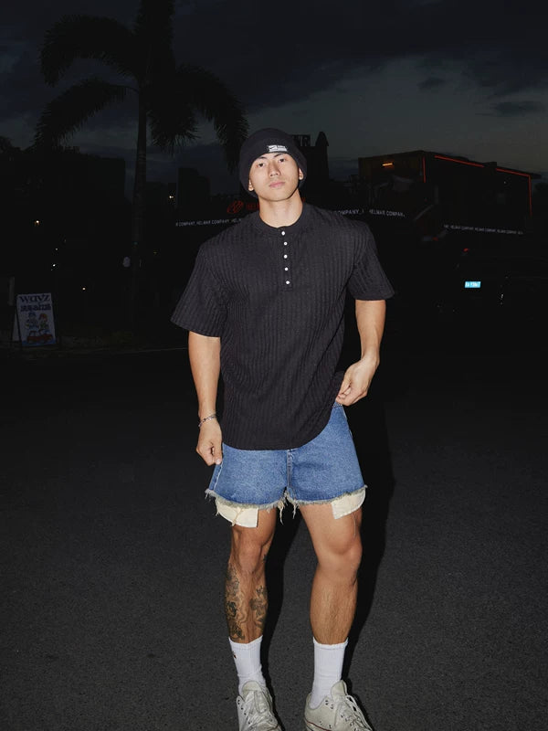 Retro Henley Collar Short-Sleeve Pullover Shirt 2