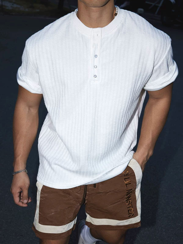 Retro Henley Collar Short-Sleeve Pullover Shirt 3