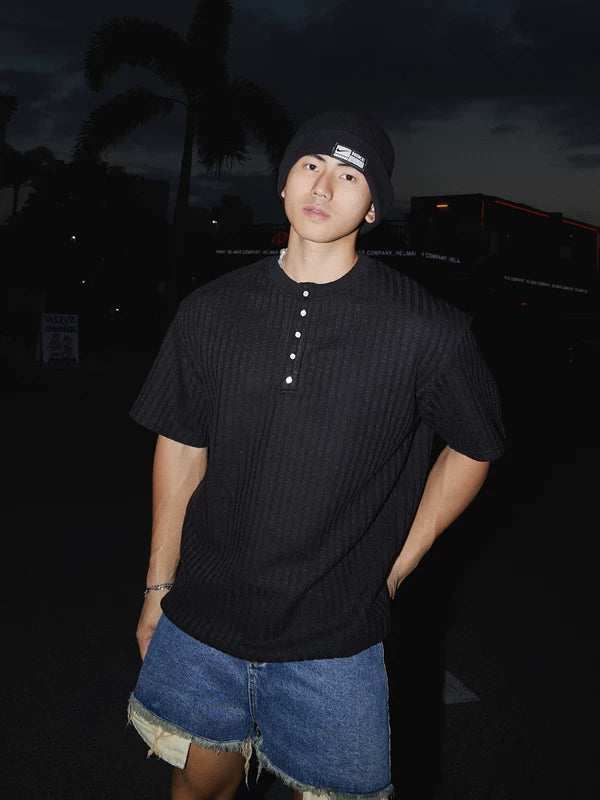 Retro Henley Collar Short-Sleeve Pullover Shirt 4