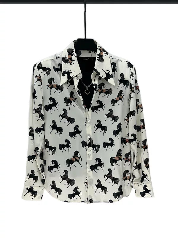 Retro Horse Print Long Sleeve Shirt 2