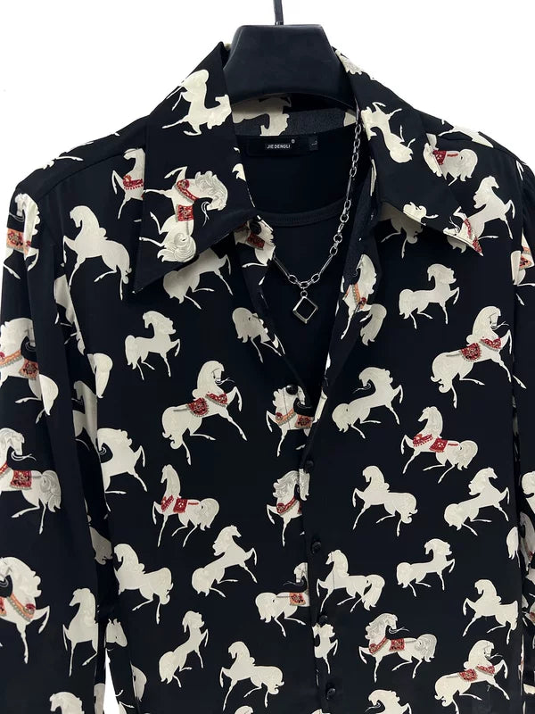 Retro Horse Print Long Sleeve Shirt 4