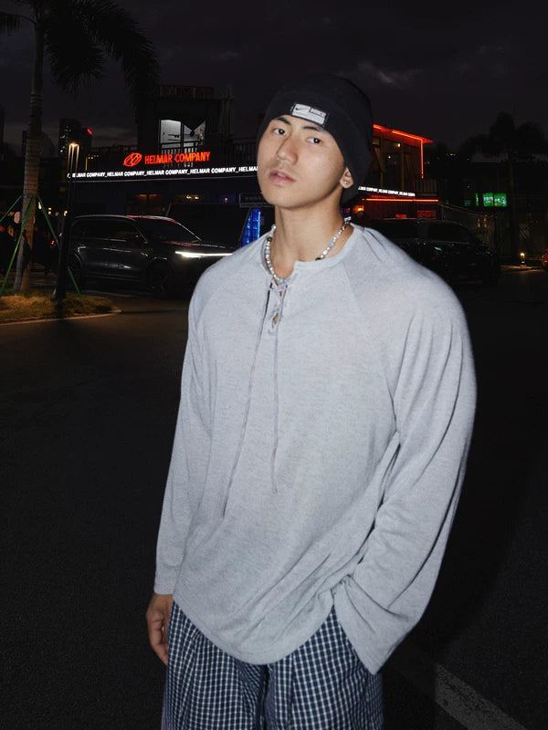 Retro Lace-Up V-Neck Long-Sleeve Shirt 3