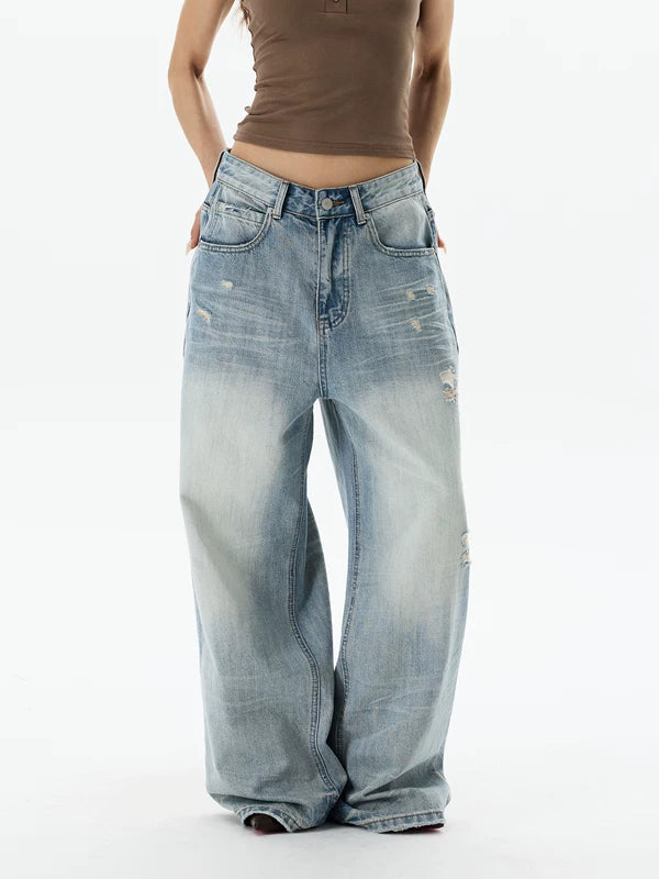Retro Loose Fit Distressed Wide Leg Jeans 2