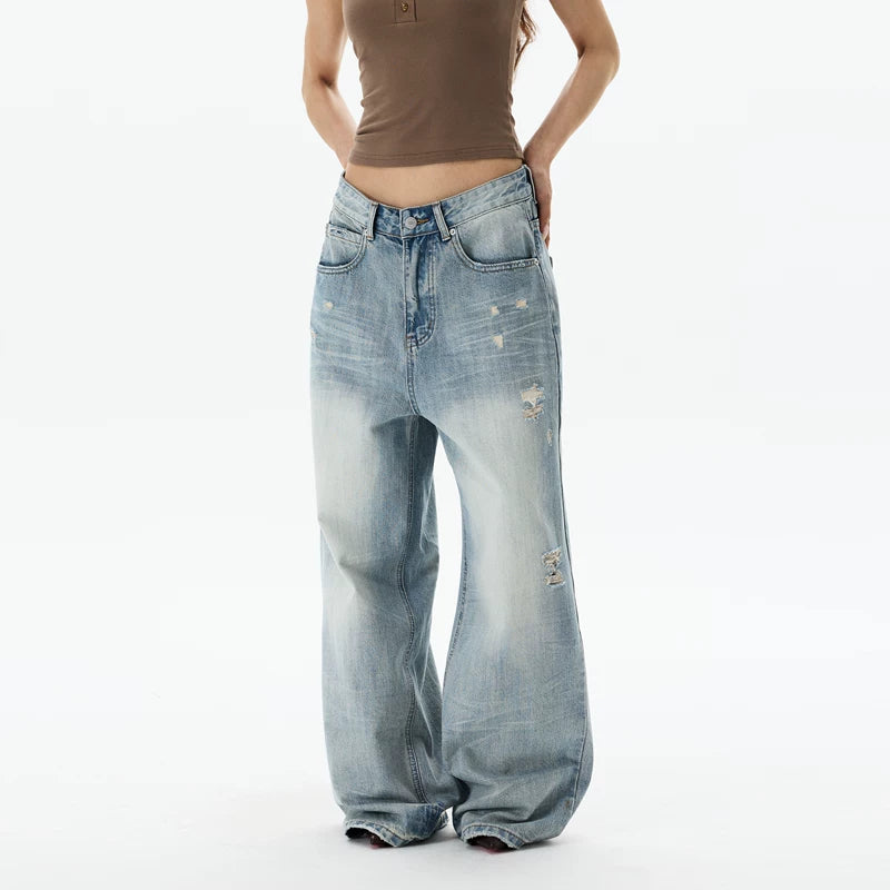 6183590643514,6183590643515,6183590643516,6183590643517,6183590643518, Retro Loose Fit Distressed Wide Leg Jeans
