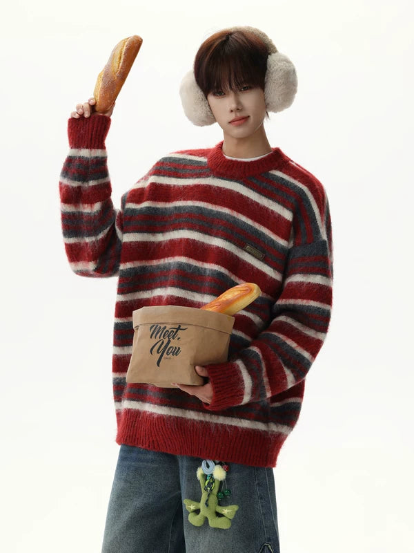 Retro Mohair Striped Crew Neck Sweater 3