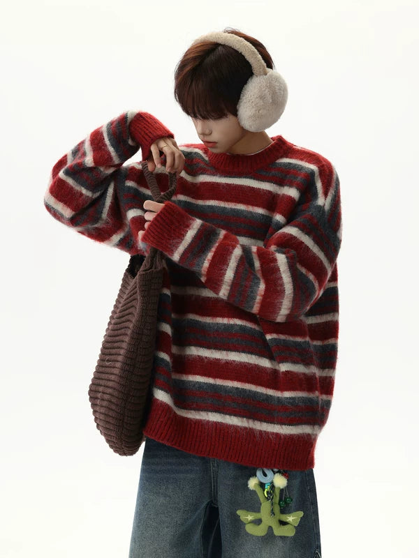 Retro Mohair Striped Crew Neck Sweater 5