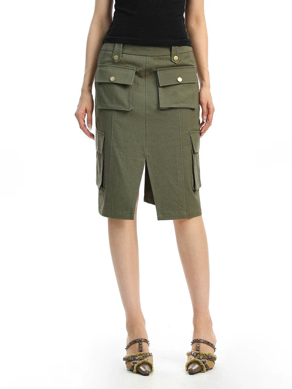 ,6016572313380,6016572313381,6016572313382, Retro Multi-Pocket Workwear Midi Skirt