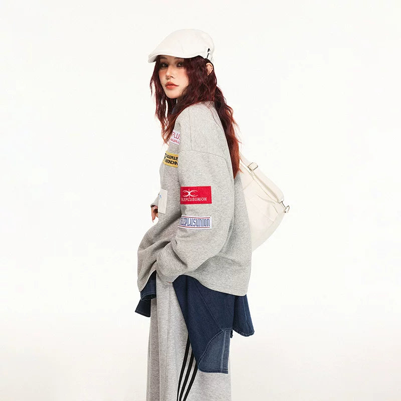 Retro Patchwork Polo Sweatshirt Pullover 3