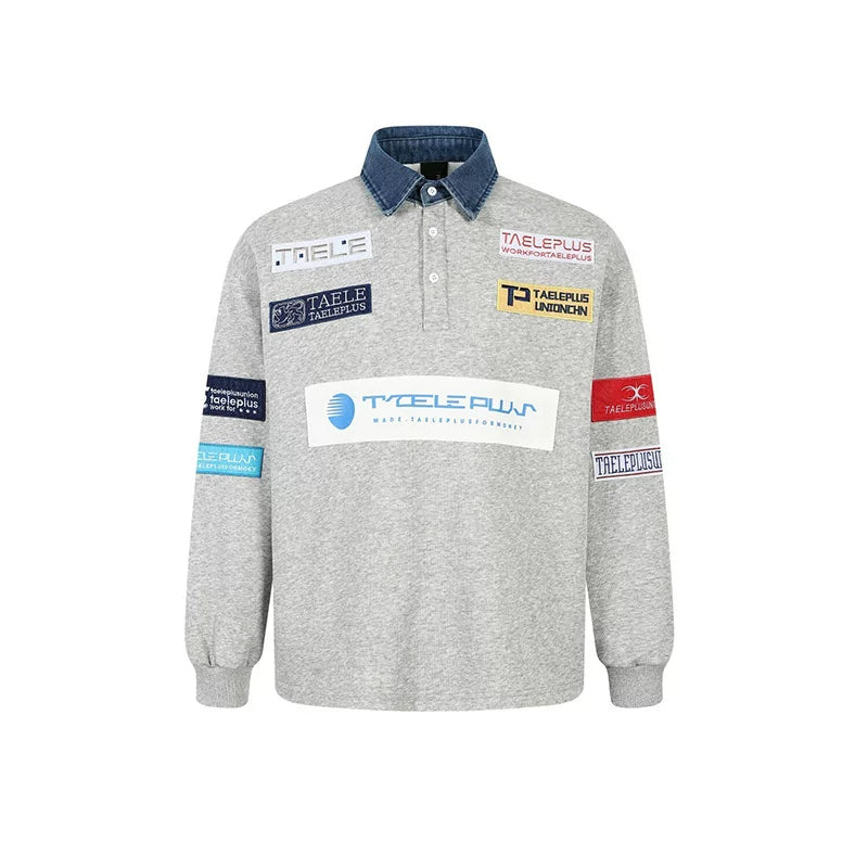 Retro Patchwork Polo Sweatshirt Pullover 5