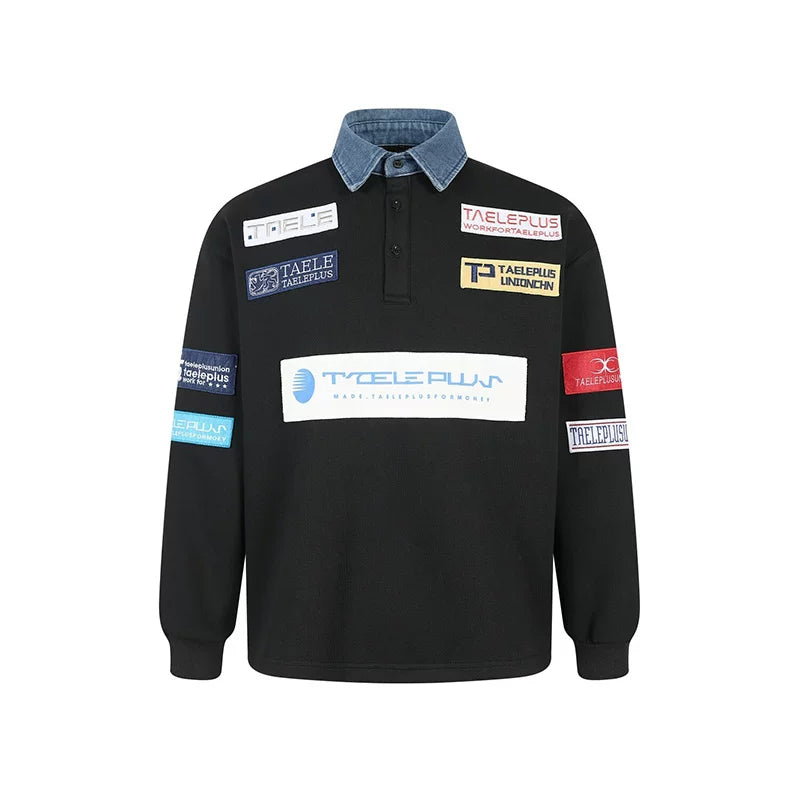 1627207:28341,6006542089777,1627207:28341,6006542089779,1627207:28341,6006542089778,6006542089777,6006542089779,6006542089778, Retro Patchwork Polo Sweatshirt Pullover