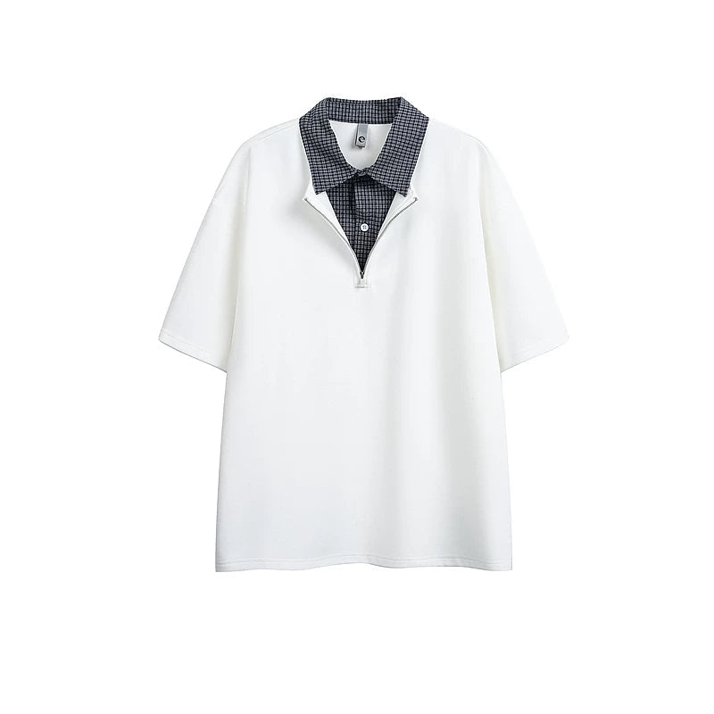 6189435914148,6189435914149,6189435914150,6189435914151, Retro Plaid Faux Layered Polo T-Shirt