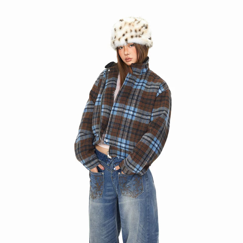 Retro Plaid Short Jacket with Fur Collar 3