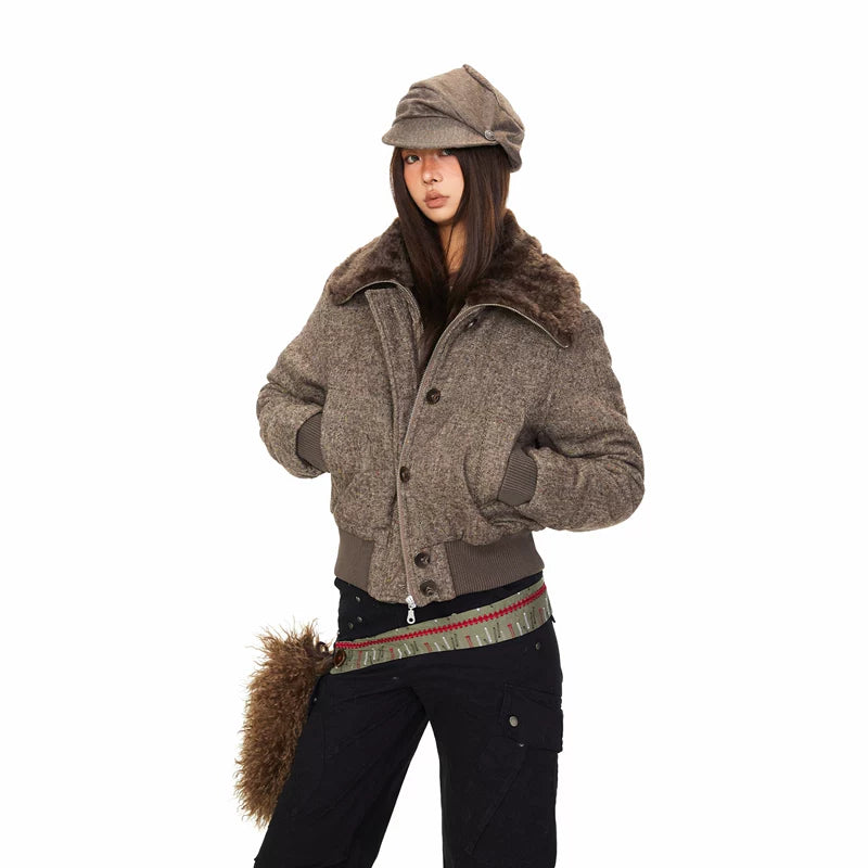 Retro Plush Collar Quilted Short Jacket 2