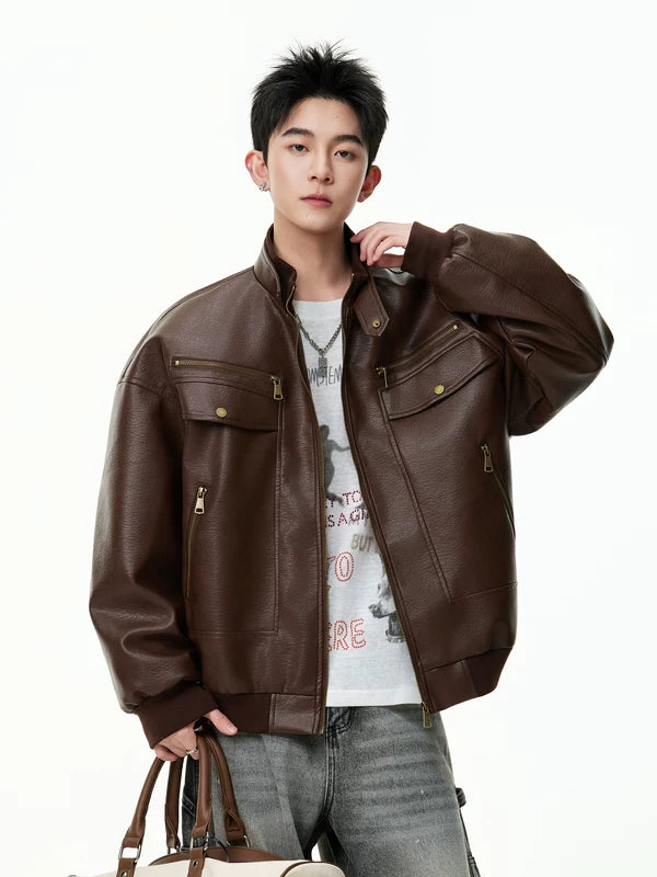 Retro PU Leather Motorcycle Jacket Loose Fit 4