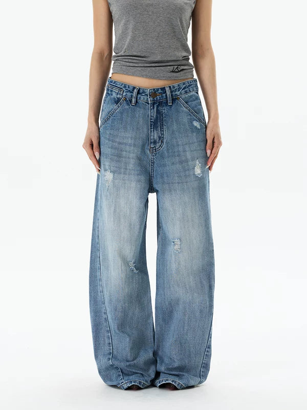 Retro Ripped Loose Straight Leg Jeans Pants 2