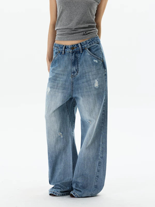 Retro Ripped Loose Straight Leg Jeans Pants 4