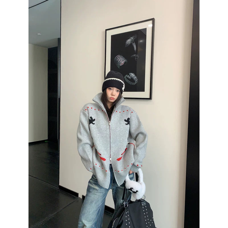 Retro Stand-Collar Knit Cardigan Sweater 2