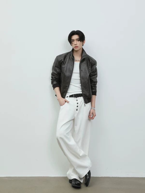 Retro Stand Collar Leather Motorbike Jacket 2