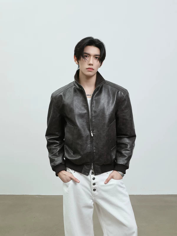 Retro Stand Collar Leather Motorbike Jacket 3