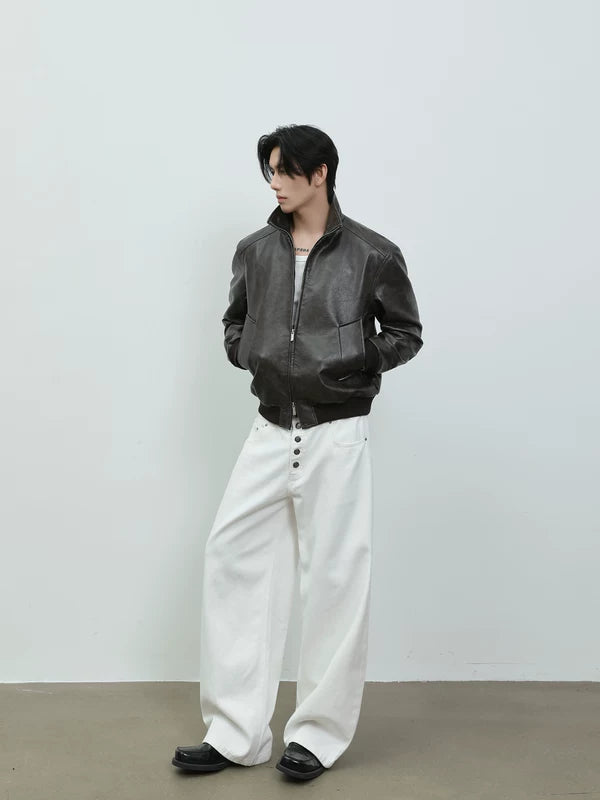 Retro Stand Collar Leather Motorbike Jacket 4