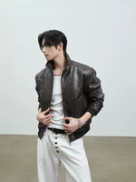 Retro Stand Collar Leather Motorbike Jacket 5