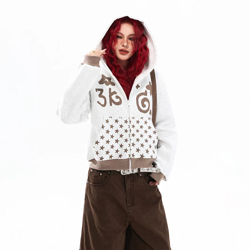 ,1627207:380898789,6178508899429,1627207:380898789,6178508899430,1627207:380898789,6178508899431,6178508899429,6178508899430,6178508899431, Retro Star Print Zip Up Hoodie