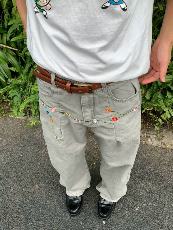 Retro Straight-Leg Workwear Pants with Embroidery 4