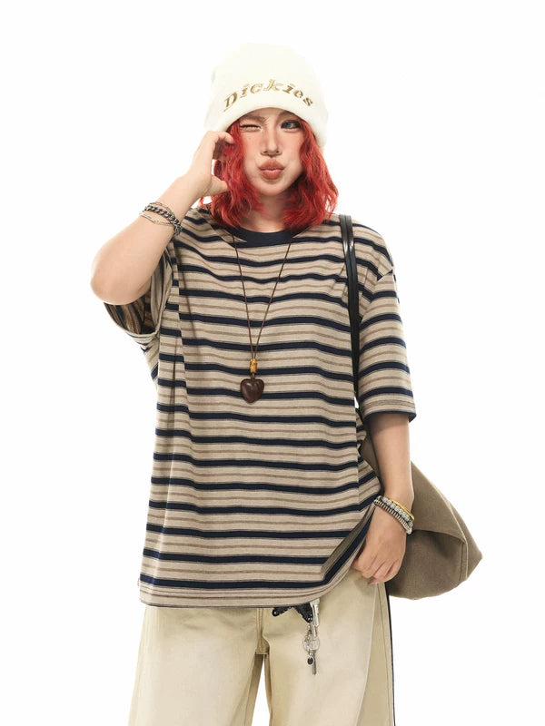 Retro Striped Short-Sleeve Loose T-Shirt 2