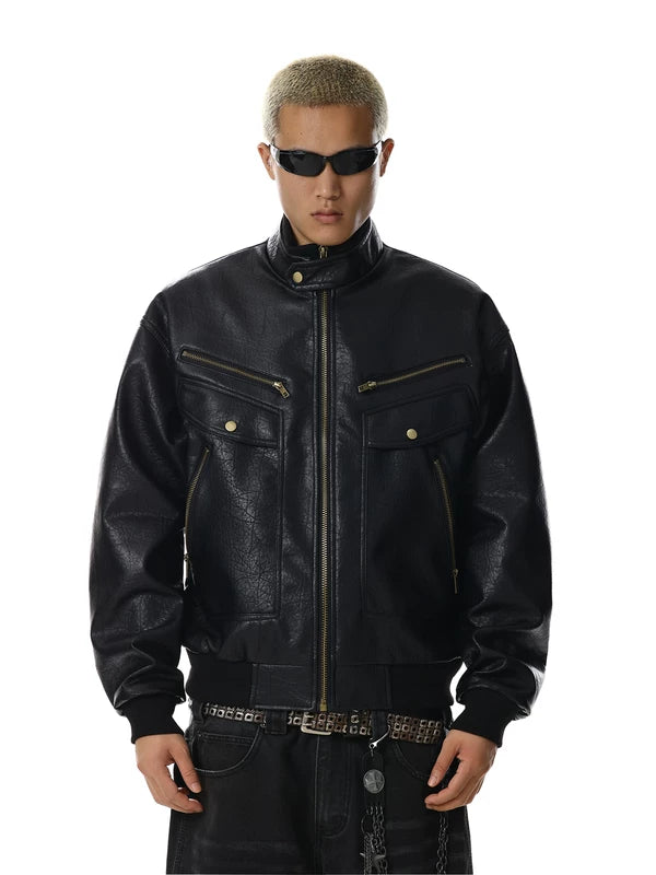 Retro Textured PU Leather Multi-Pocket Jacket 3