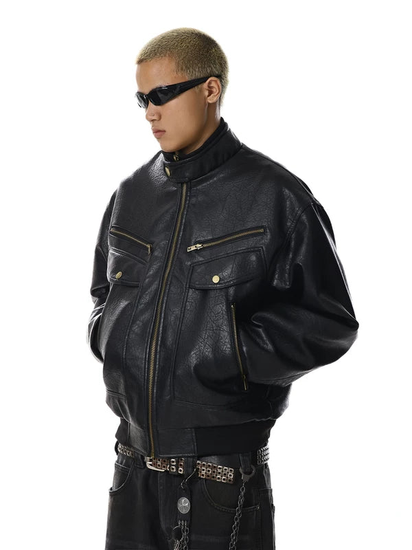 Retro Textured PU Leather Multi-Pocket Jacket 4
