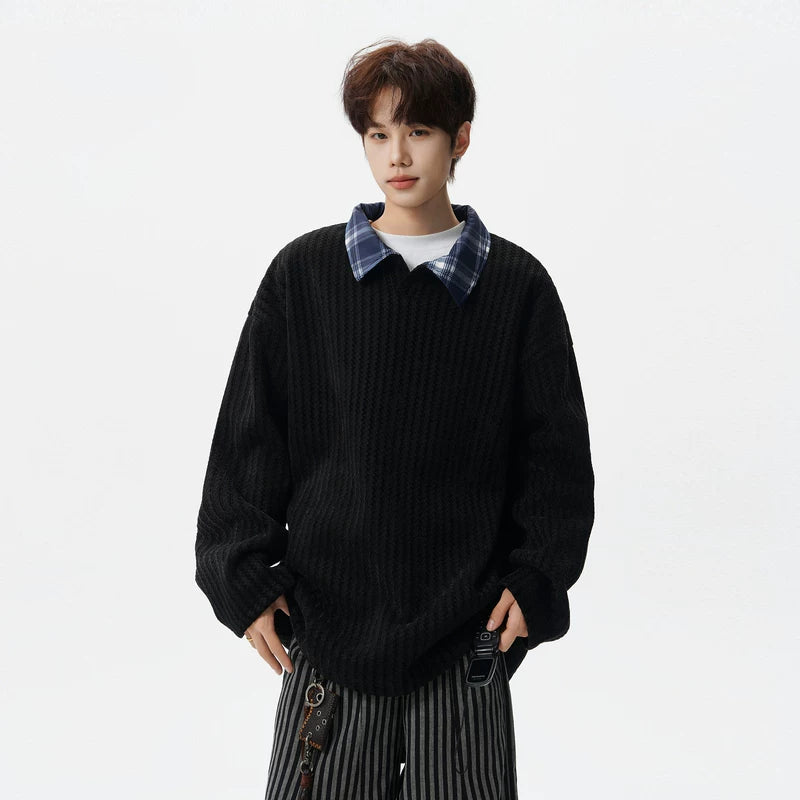 6018750440037,6018750440038,6018750440039,6018750440040,6018750440041,6018750440042,6018750440043, Retro Textured Pullover Hoodie with Lapel