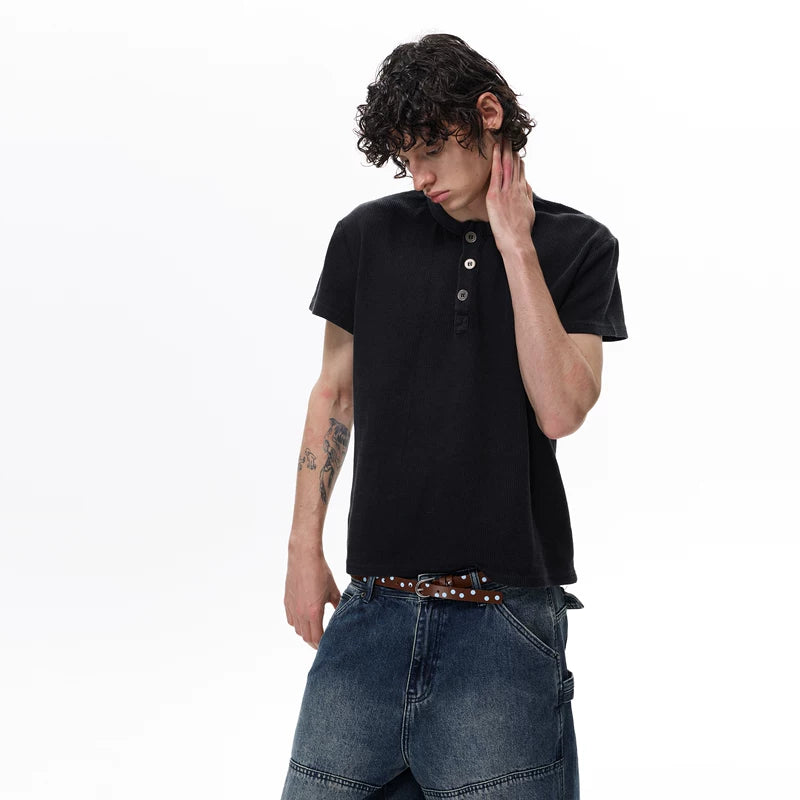 6031865860024,6031865860025,6031865860026,6031865860027, Retro Waffle Knit Henley T-Shirt