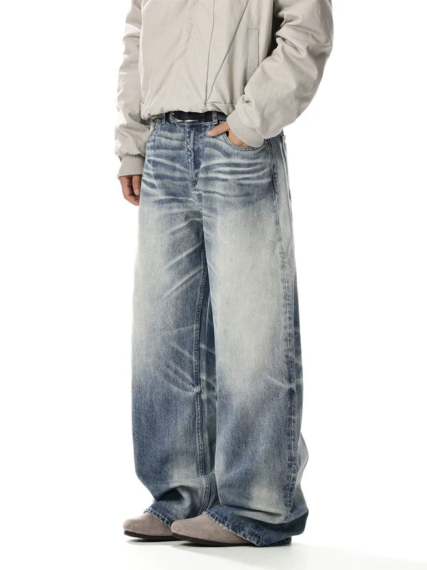 Retro Washed Distressed Loose Straight Jeans Pants 2
