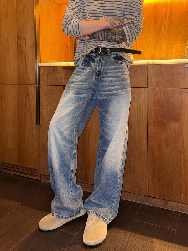 Retro Washed Loose Straight Leg Jeans Pants 2