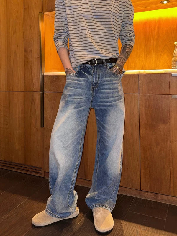 Retro Washed Loose Straight Leg Jeans Pants 4