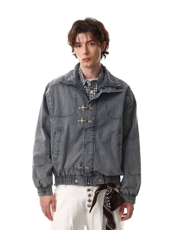 Retro Washed Stand Collar Denim Jacket 2