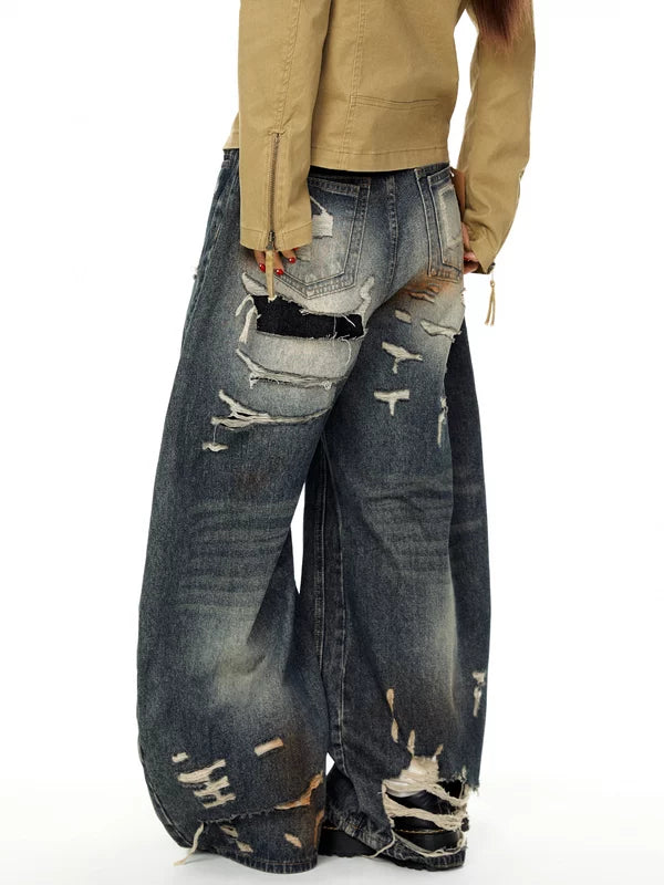 Retro Wide Leg Distressed Ripped Jeans Pants 2