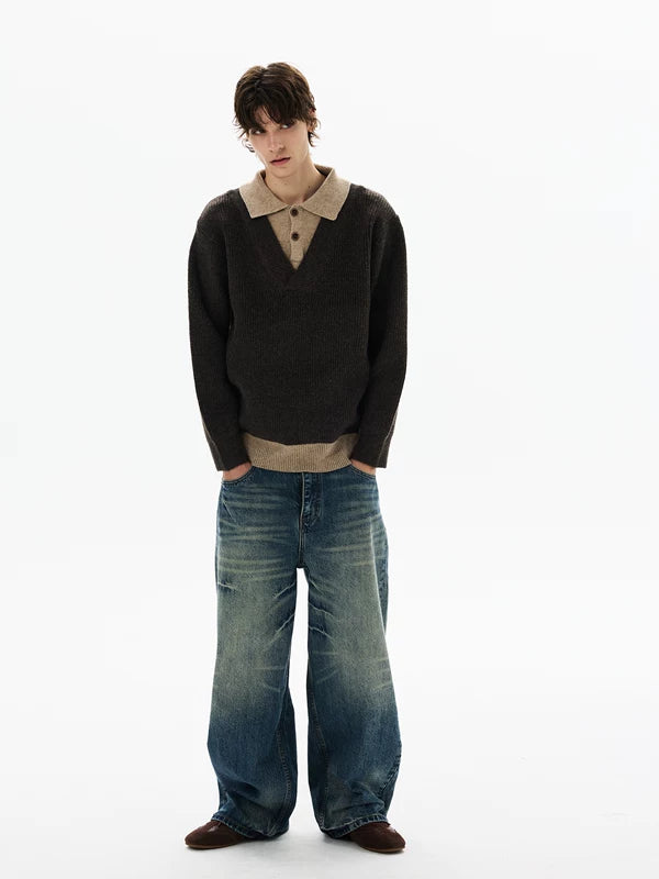 Retro Wide-Leg Turn-Up Waist Jeans Pants 2