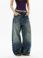 Retro Wide-Leg Turn-Up Waist Jeans Pants 5
