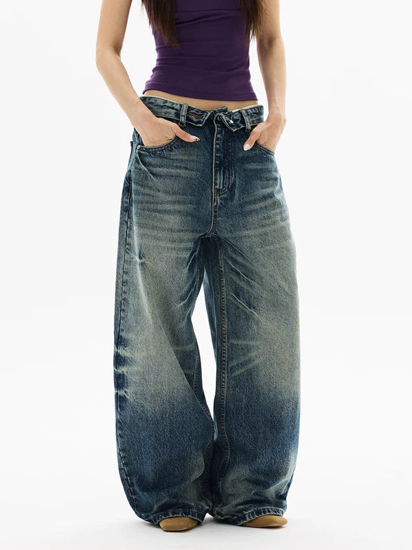 Retro Wide-Leg Turn-Up Waist Jeans Pants 5