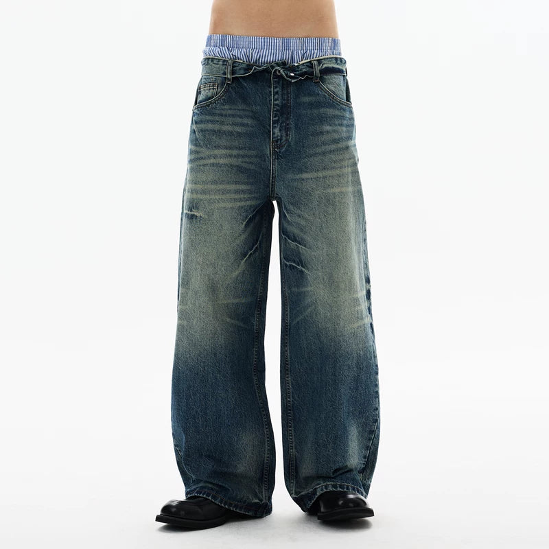 6176471154768,6176471154769,6176471154770,6176471154771,6176471154772, Retro Wide-Leg Turn-Up Waist Jeans Pants
