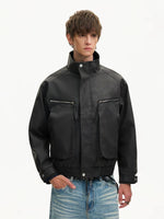 Retro Zipper Pocket Bomber Leather Jacket 2