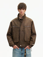 Retro Zipper Pocket Bomber Leather Jacket 3