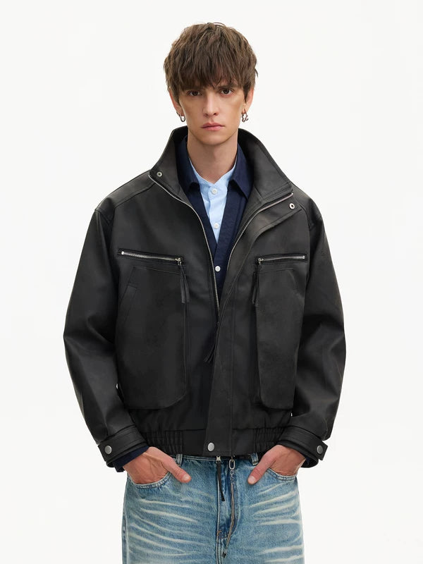 Retro Zipper Pocket Bomber Leather Jacket 4