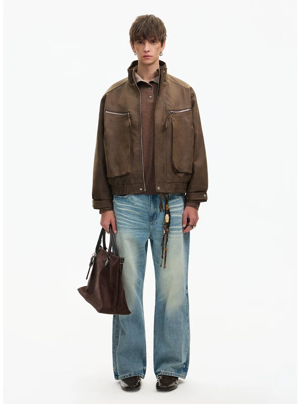 Retro Zipper Pocket Bomber Leather Jacket 5